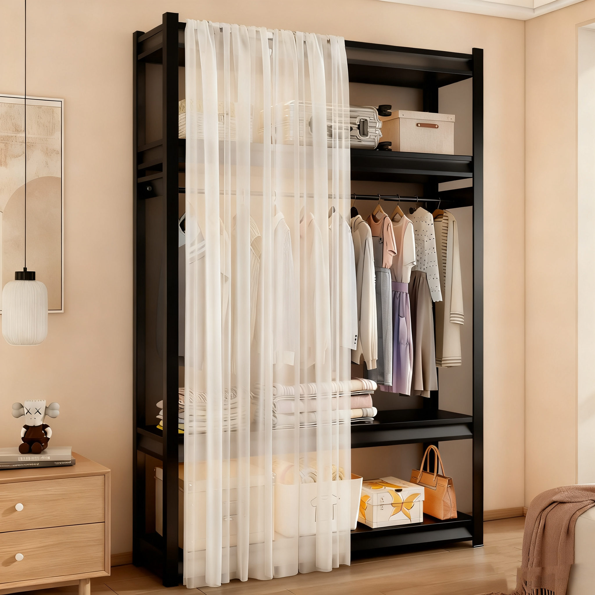 【黑两面防尘+前帘】挂杆款家用卧室金属推拉衣柜北欧免安装衣帽架