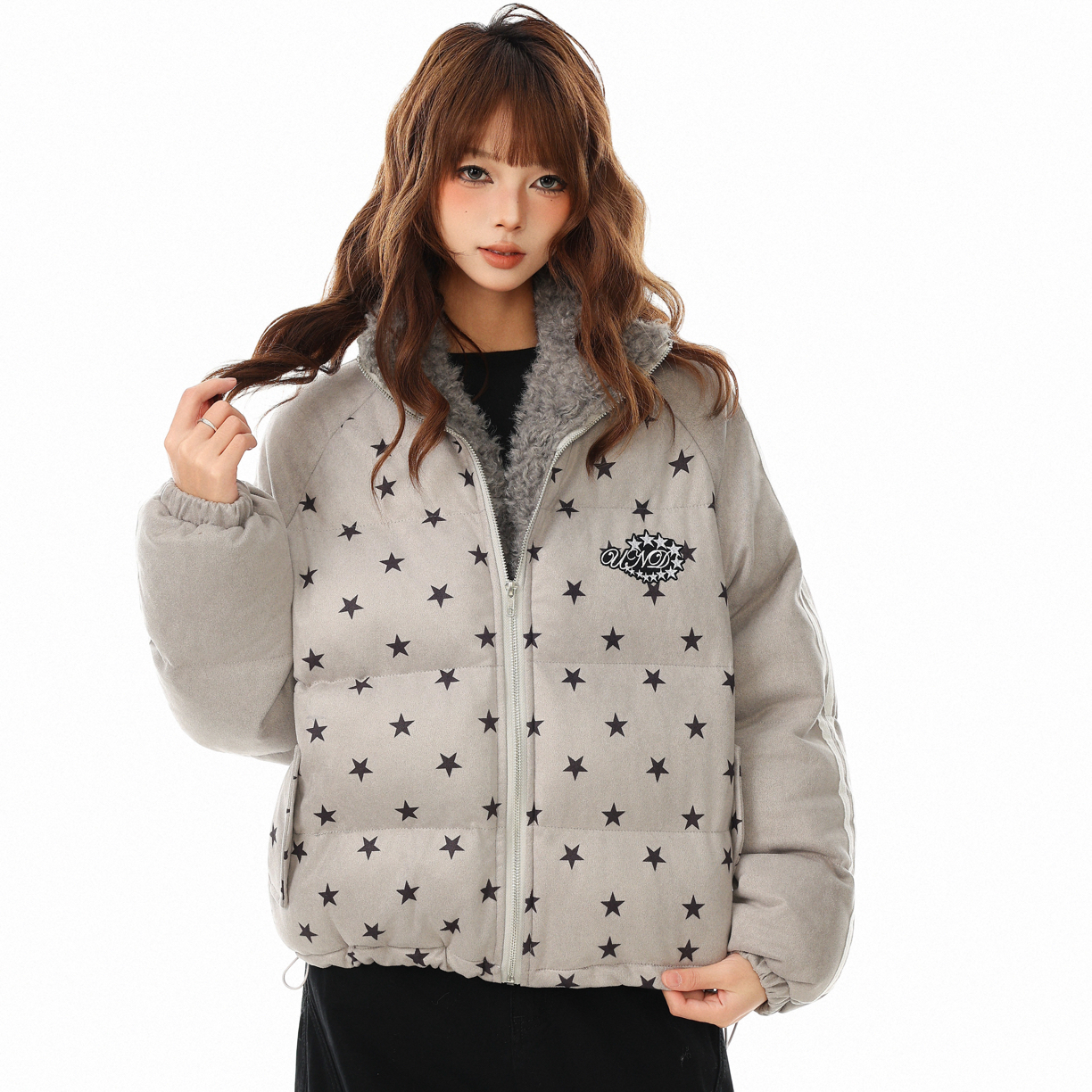 羊羔绒立领保暖复古满印星星加厚防寒棉服