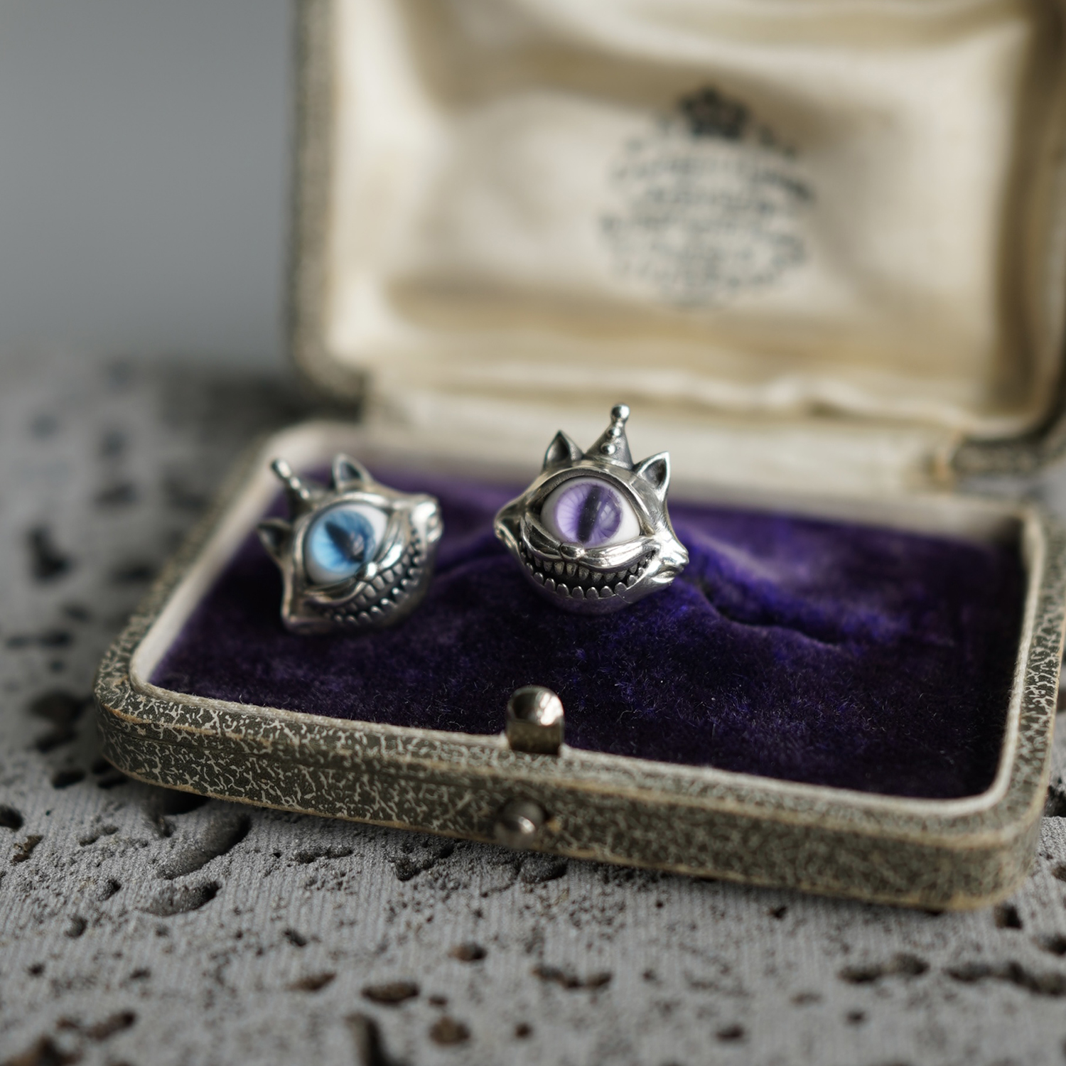 925银树脂耳饰 睡莲生生世世 原创设计蓝紫眼睛猫咪925纯银耳钉