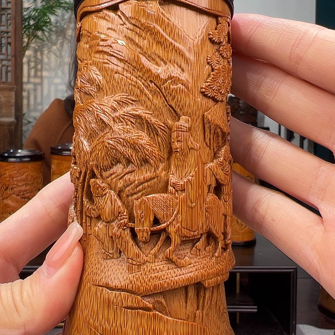 竹竹雕行旅图茶叶罐