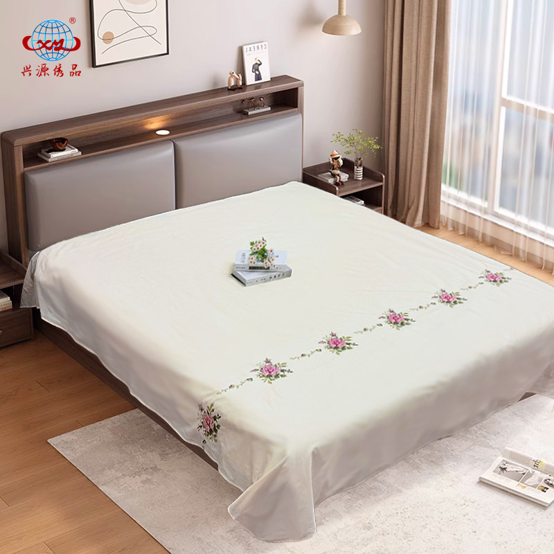 【床单】429香槟色纯棉十字绣花床单简约高档纯色床单