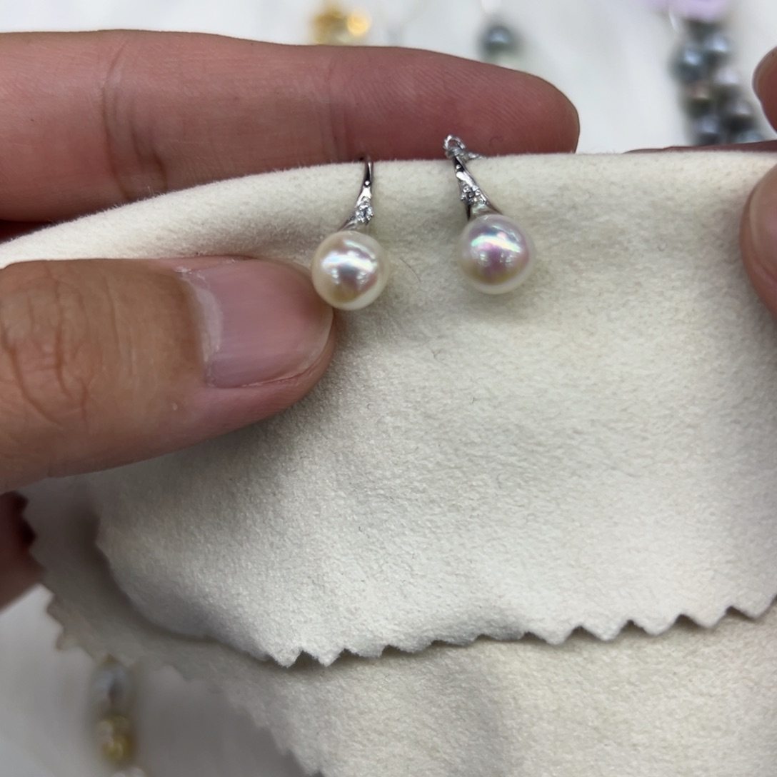 银S925镶嵌耳饰海水珍珠7-8mm海水Ak耳钩