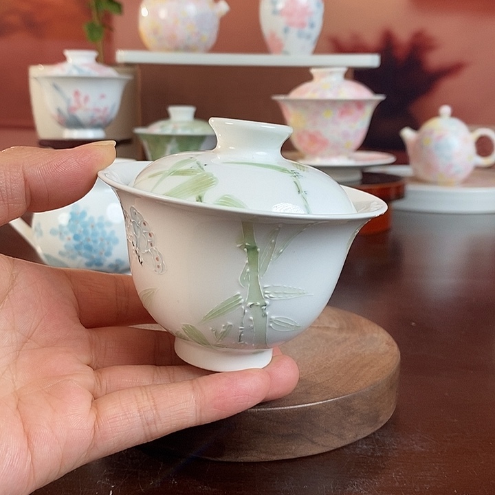 竹子盖碗釉下手绘高温