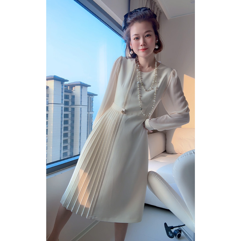 圆领百褶长裙轻职风连衣裙拼接轻奢礼服时尚25251