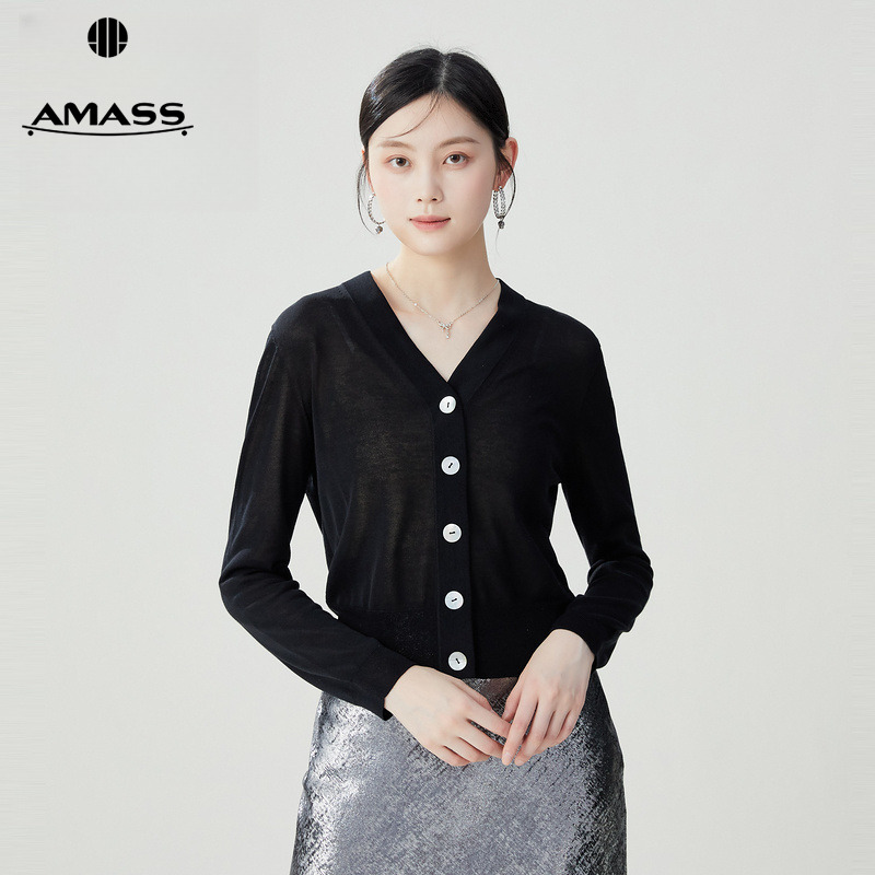 阿玛施AMASS新款女装气质百搭V领纯色冰丝长袖单排扣开衫5499132