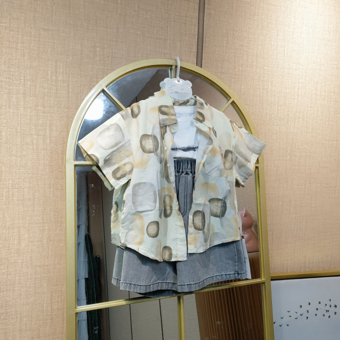 AG411   宝宝白色T恤杏色短袖灰色短裤3件套装