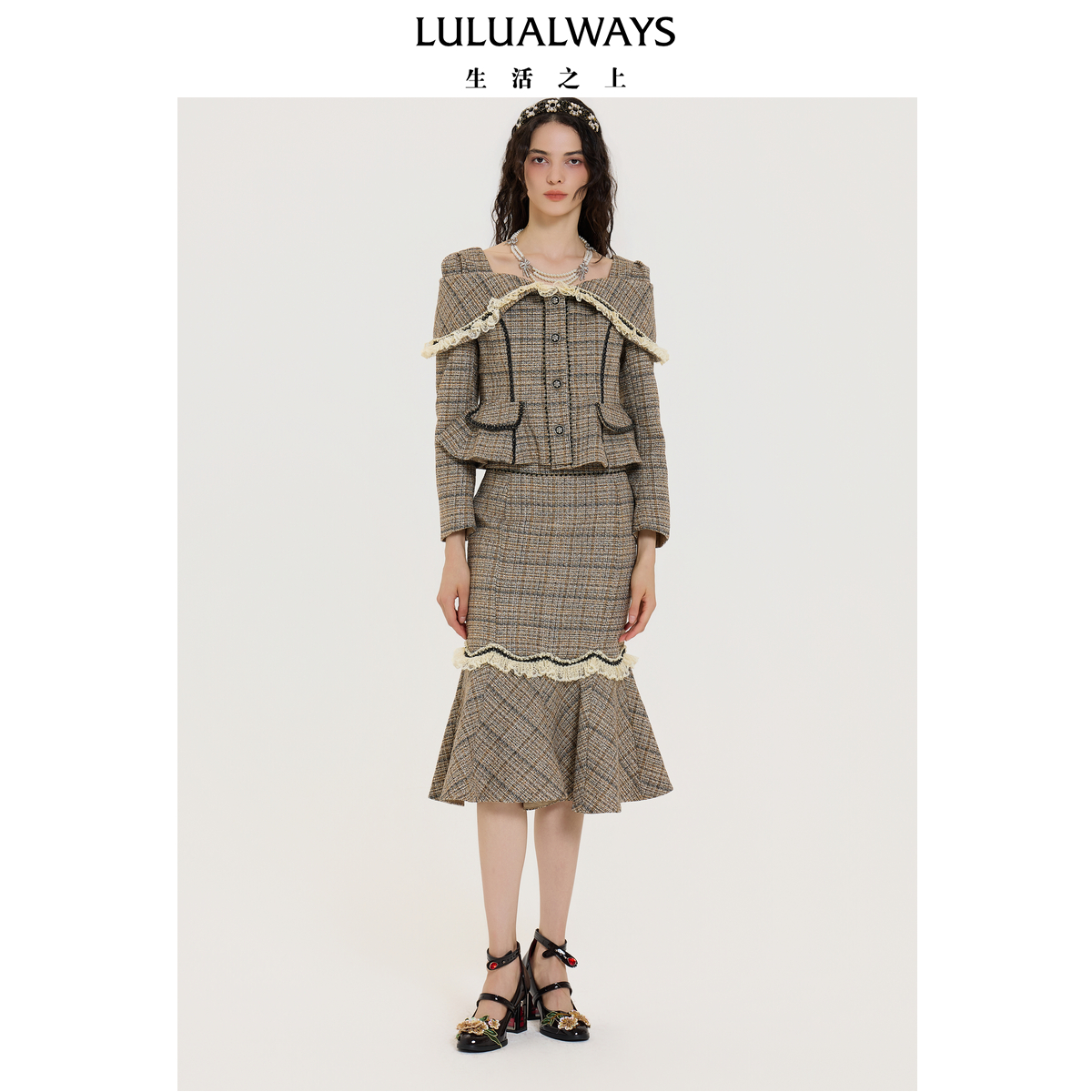LULUALWAYS【商场同款】25秋季新款复古优雅淑女小香风蕾丝短外套