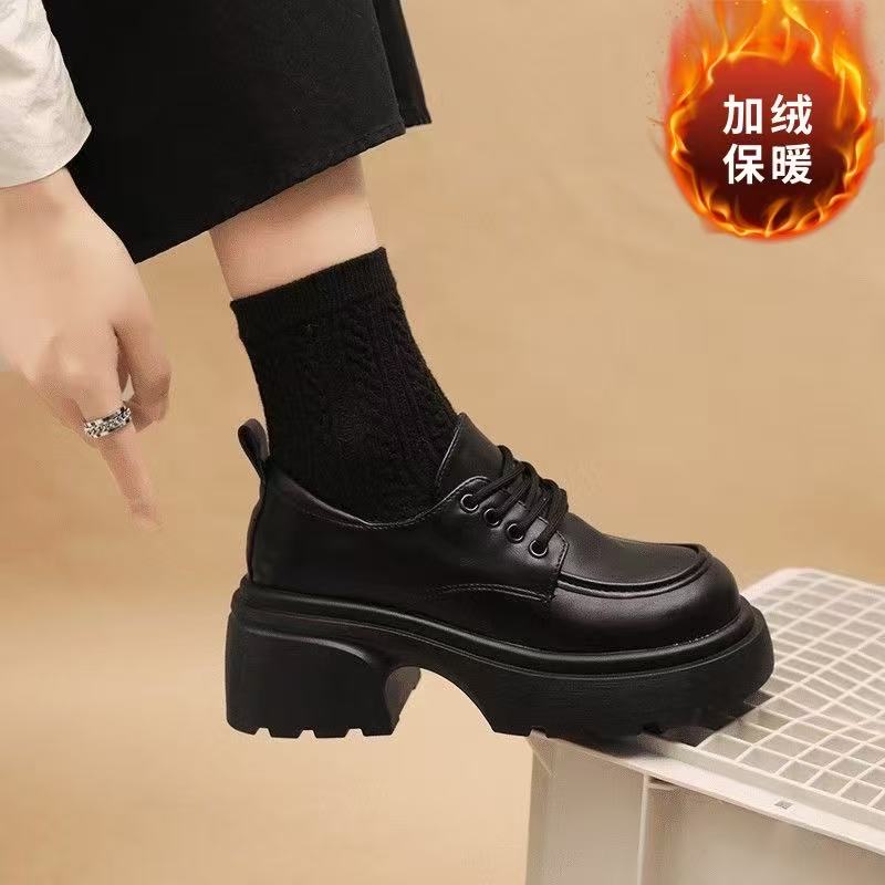 小皮鞋2025新款秋款女鞋厚底高跟英伦风黑色系带百搭乐福美乐20