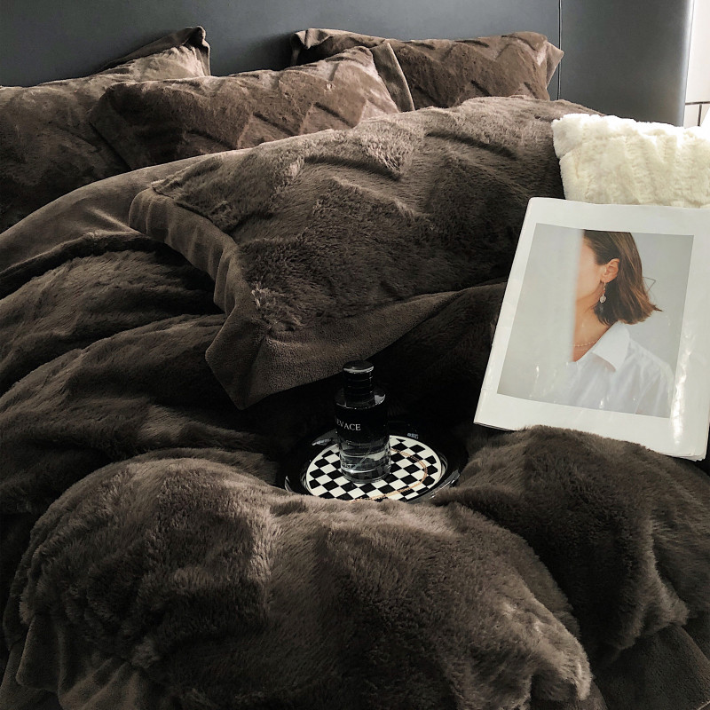 璐姐清货捡漏外贸原单尾单轻奢高档仿兔兔绒摩卡棕四件套