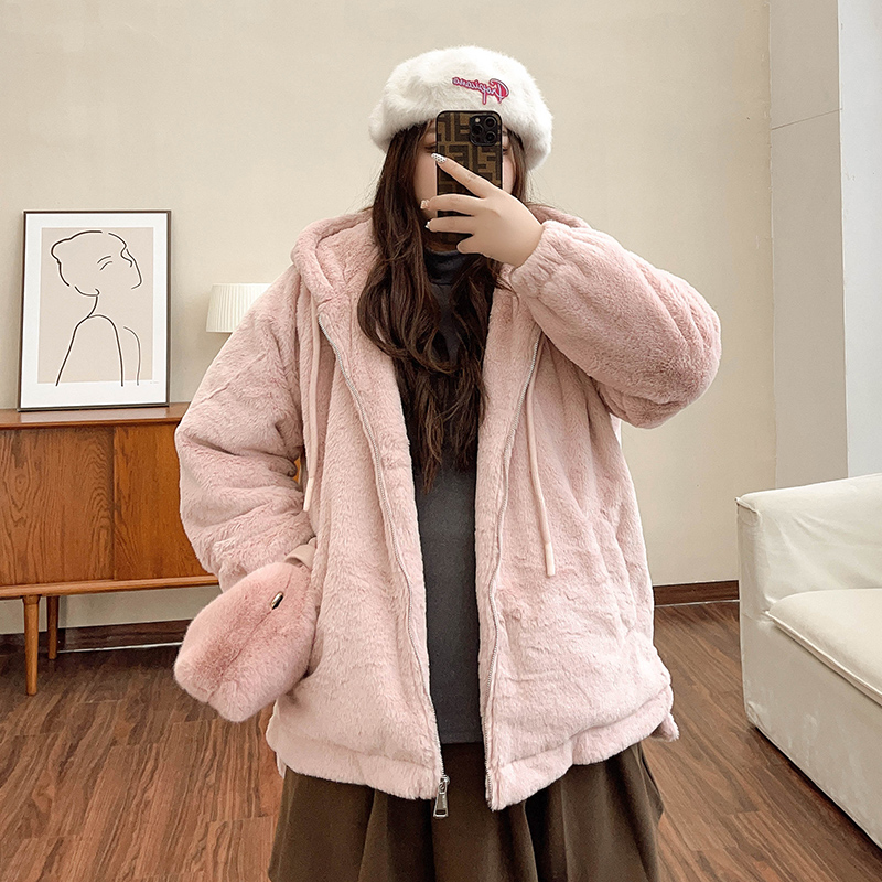人造皮草 A1775【皮草仿兔毛绒外套】韩系大码宽松秋冬连帽200斤毛