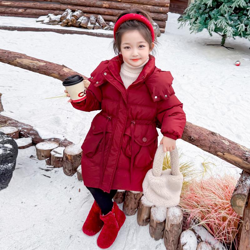 巴拉优选女童长款羽绒服冬季2024新款儿童冬装加厚红色宝宝秋冬白