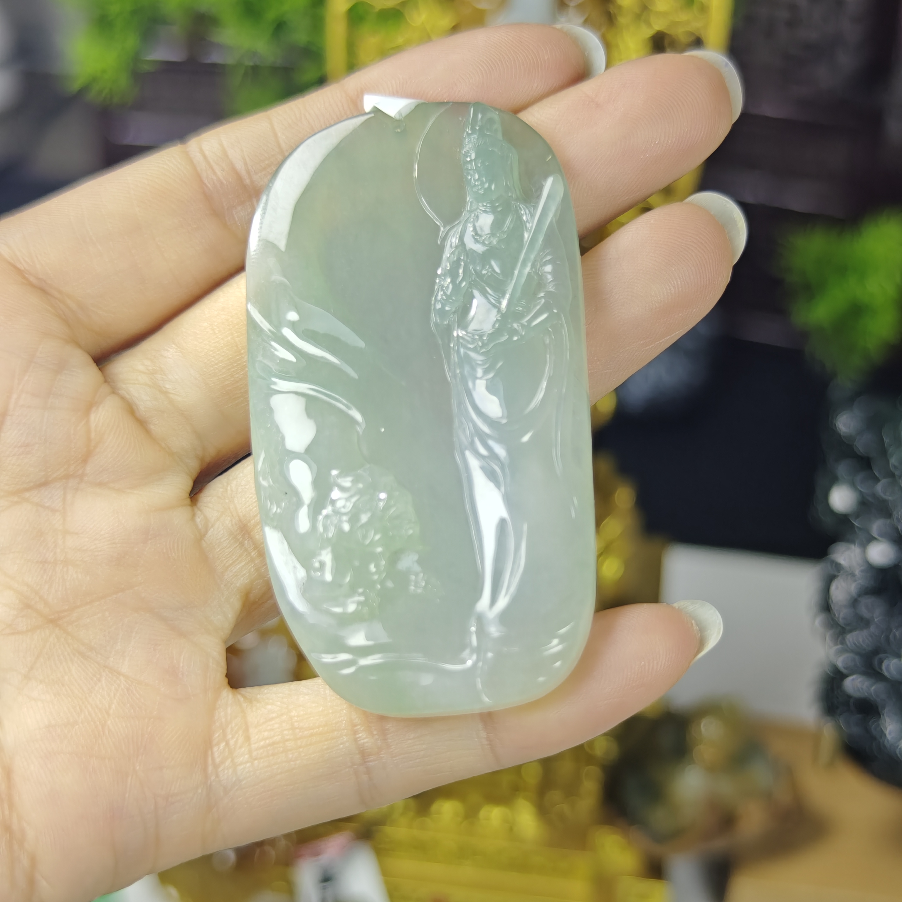 天然缅甸A货翡翠冰种文殊观音吊坠，成品，可镶嵌。尺寸64*34.5*8.1m