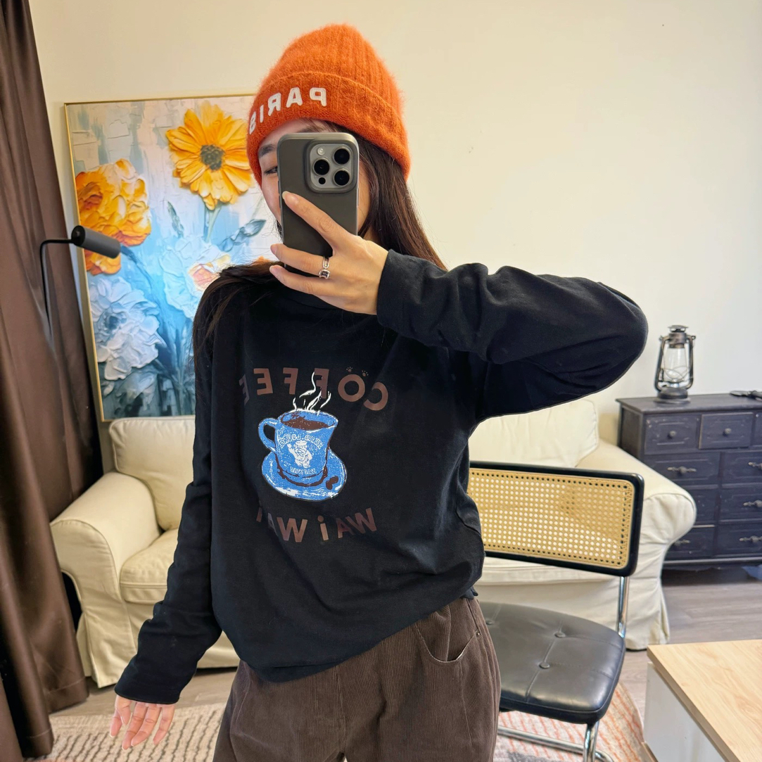 来一杯咖啡吧！日系之超好穿的面料竹节棉字母印花正肩款简约t恤