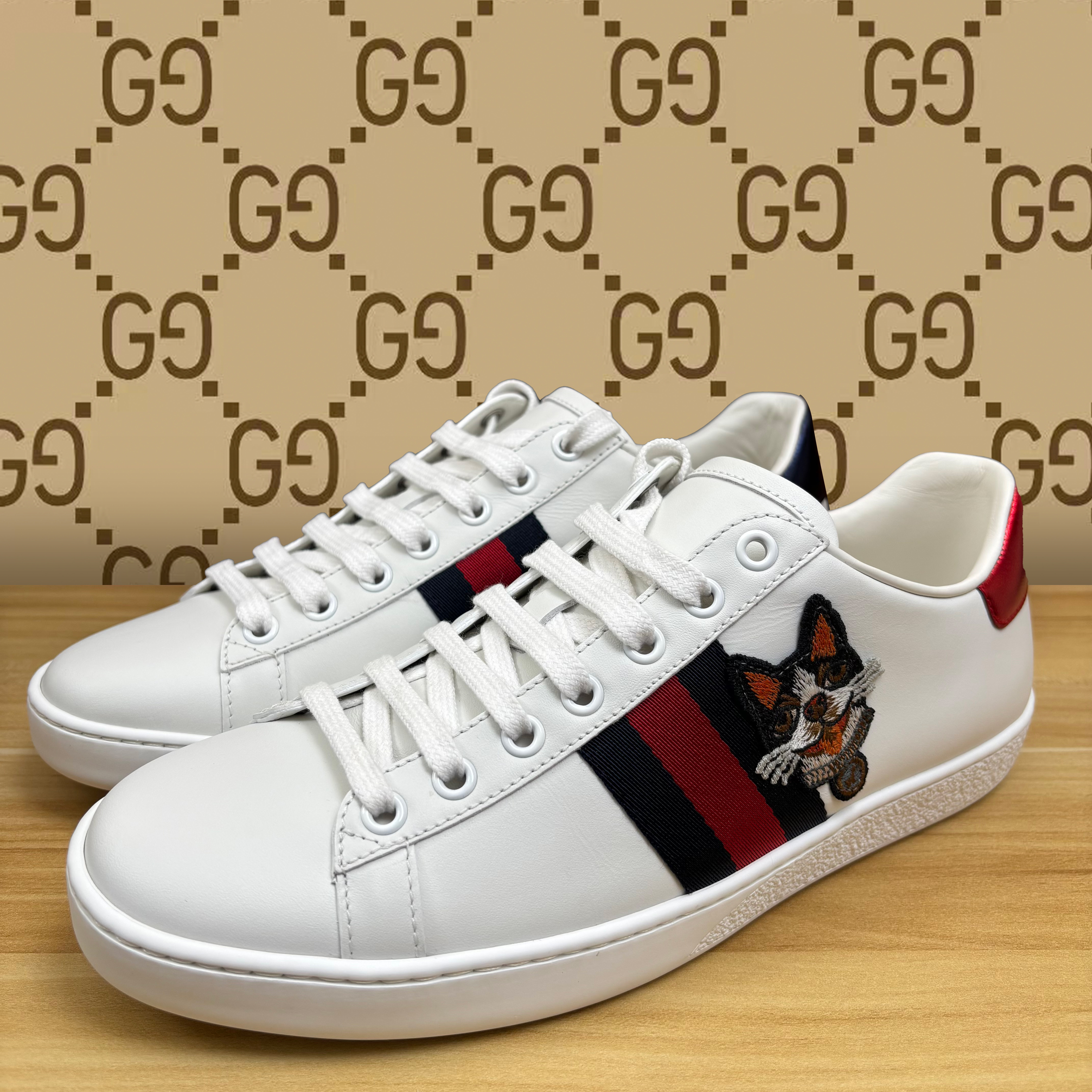 未使用 GUCCI/古驰 法斗狗狗刺绣配红绿板鞋小白鞋