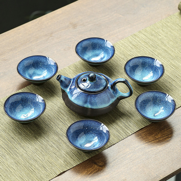 C034天目釉蓝色兔毫拉丝窑变功夫茶具套装陶瓷建盏斗笠杯礼品批发