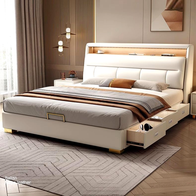 真皮床意式极简床主卧大床高档床轻奢高端大气床主卧室婚床储物床