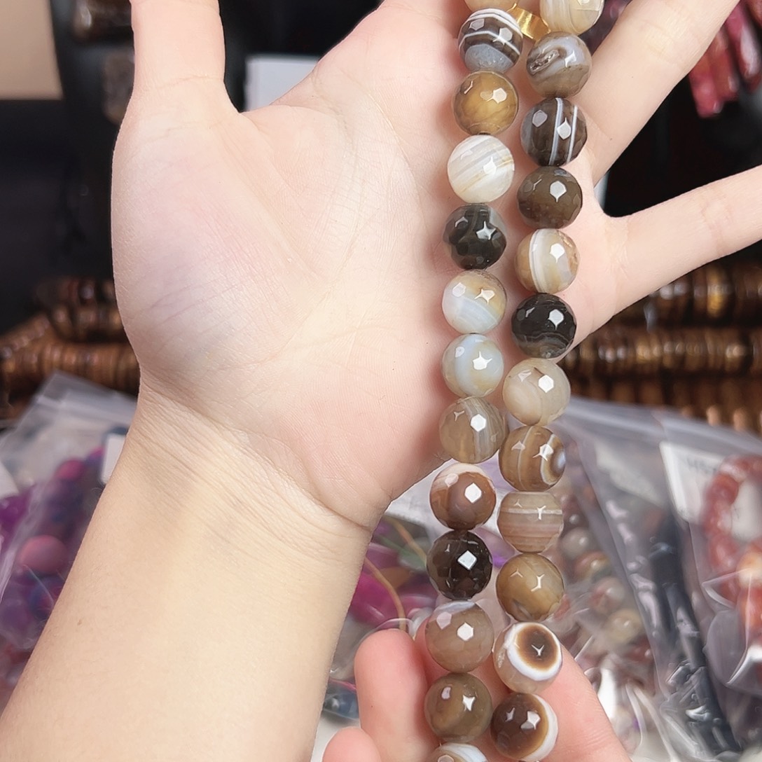 玛瑙/玉髓合金珠宝半成品h575 12m 奶咖钻切算盘珠一条