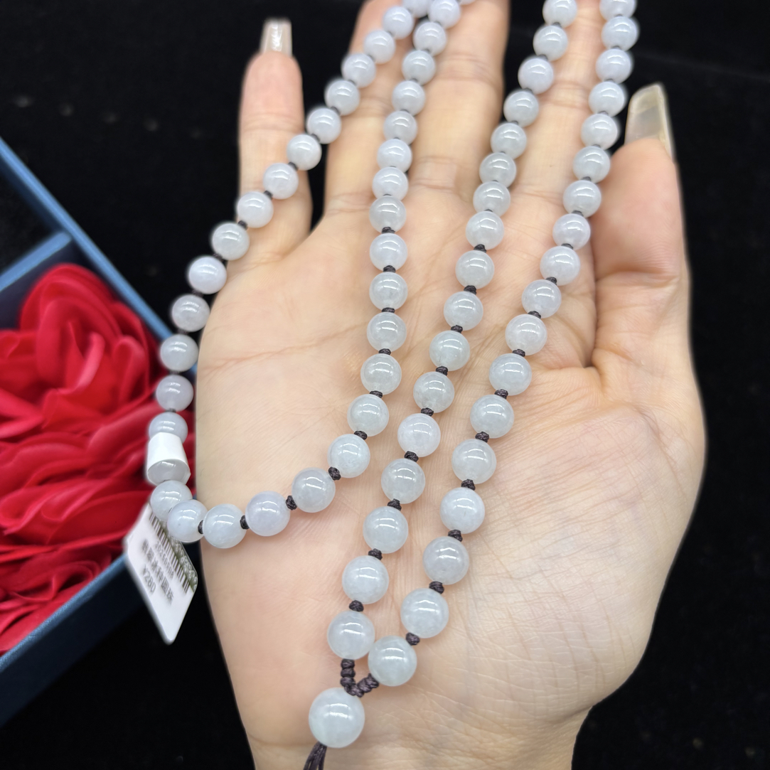 保真天然缅甸a货翡翠冰种白月光圆珠6mm玉石挂坠绳毛衣链长链百搭