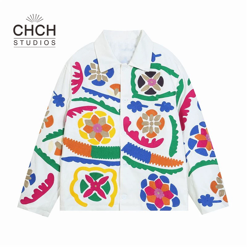 RAQWT32583春秋美式复古花朵图腾毛巾刺绣翻领外套宽松情侣夹克