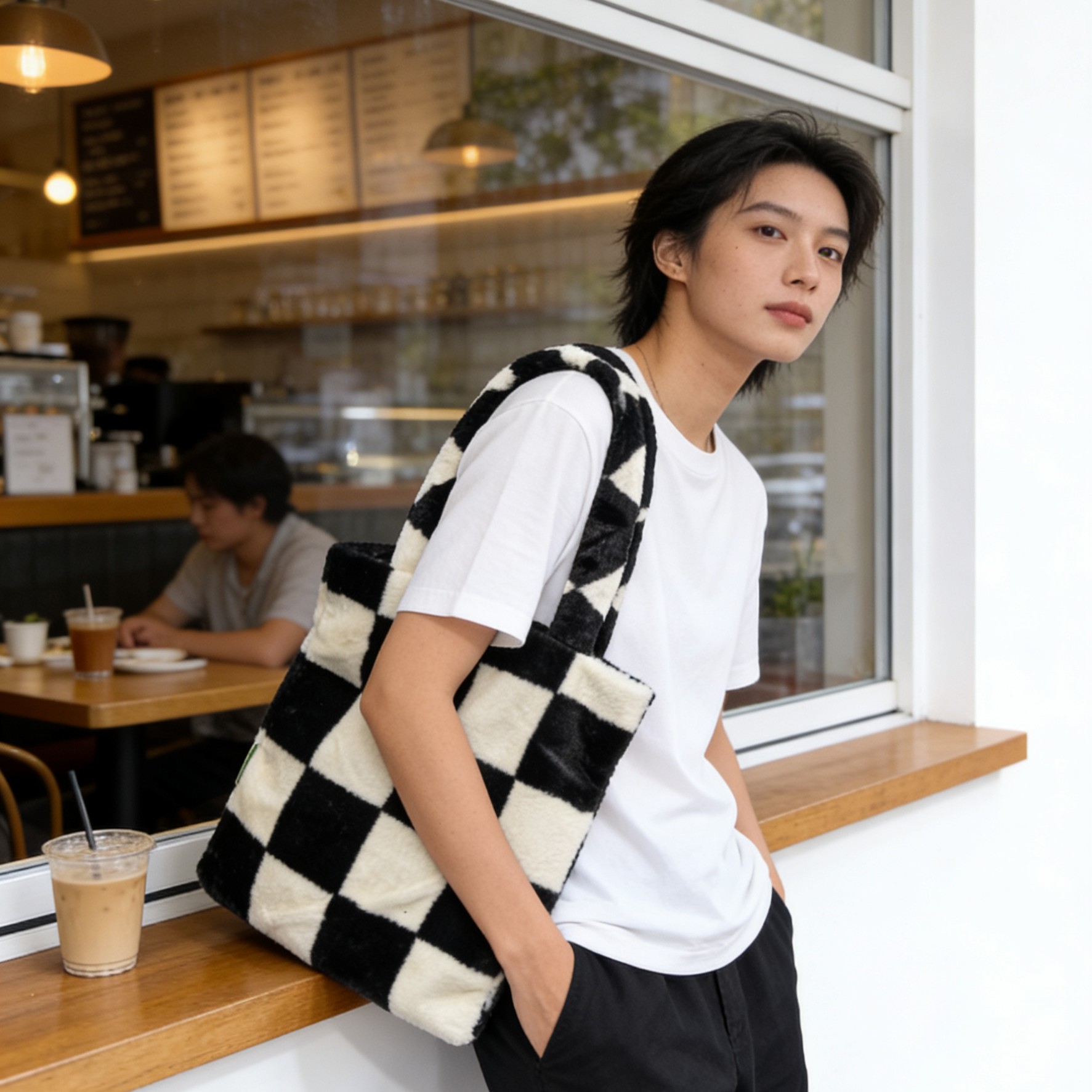 福利区-122177-AC韩版可爱毛绒棋盘格双面双肩设计百搭背包