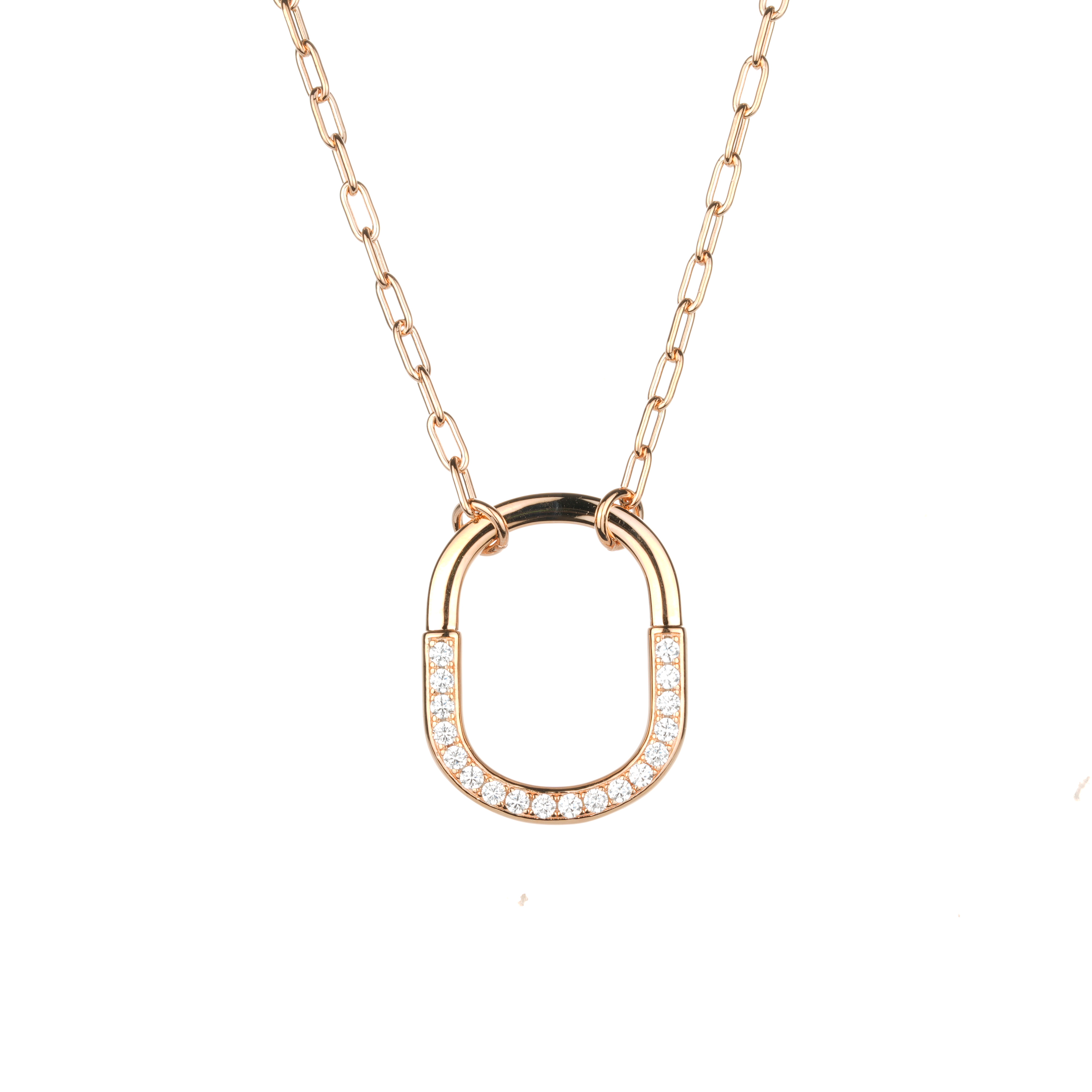 坠链均925银合成锆石 玫金色U型环环相扣豪镶百搭项链-0102