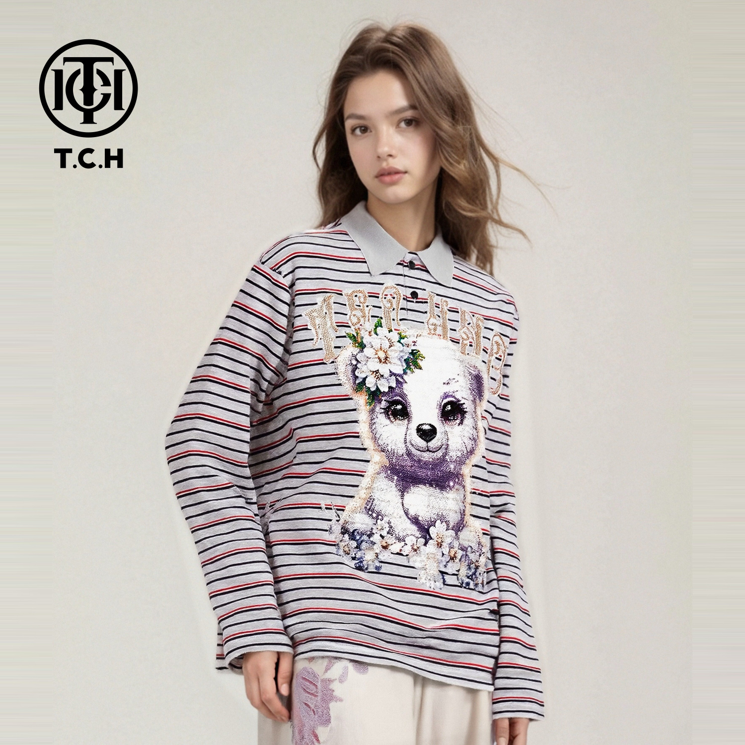 TCH紫调花朵小熊烫钻甜酷条纹翻领长袖T恤2026春夏新款T78A086008