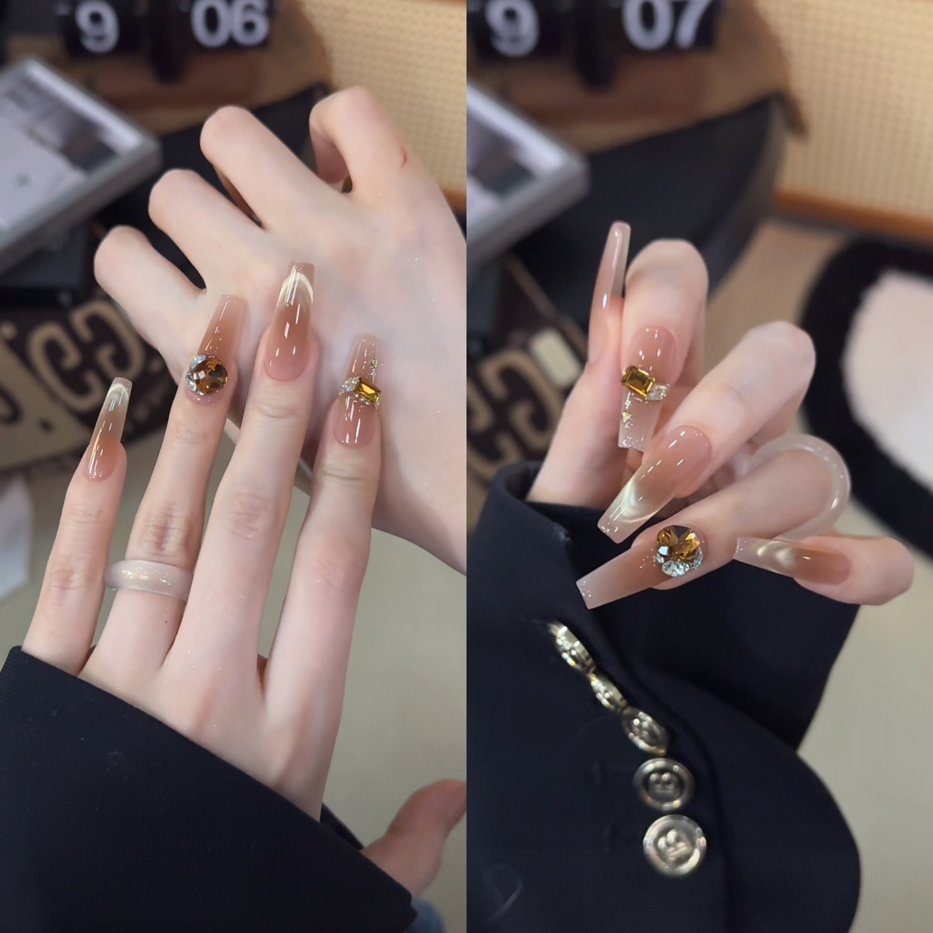 【一叶知秋】高级显白枯叶色法式猫眼带钻纯手工穿戴甲10片