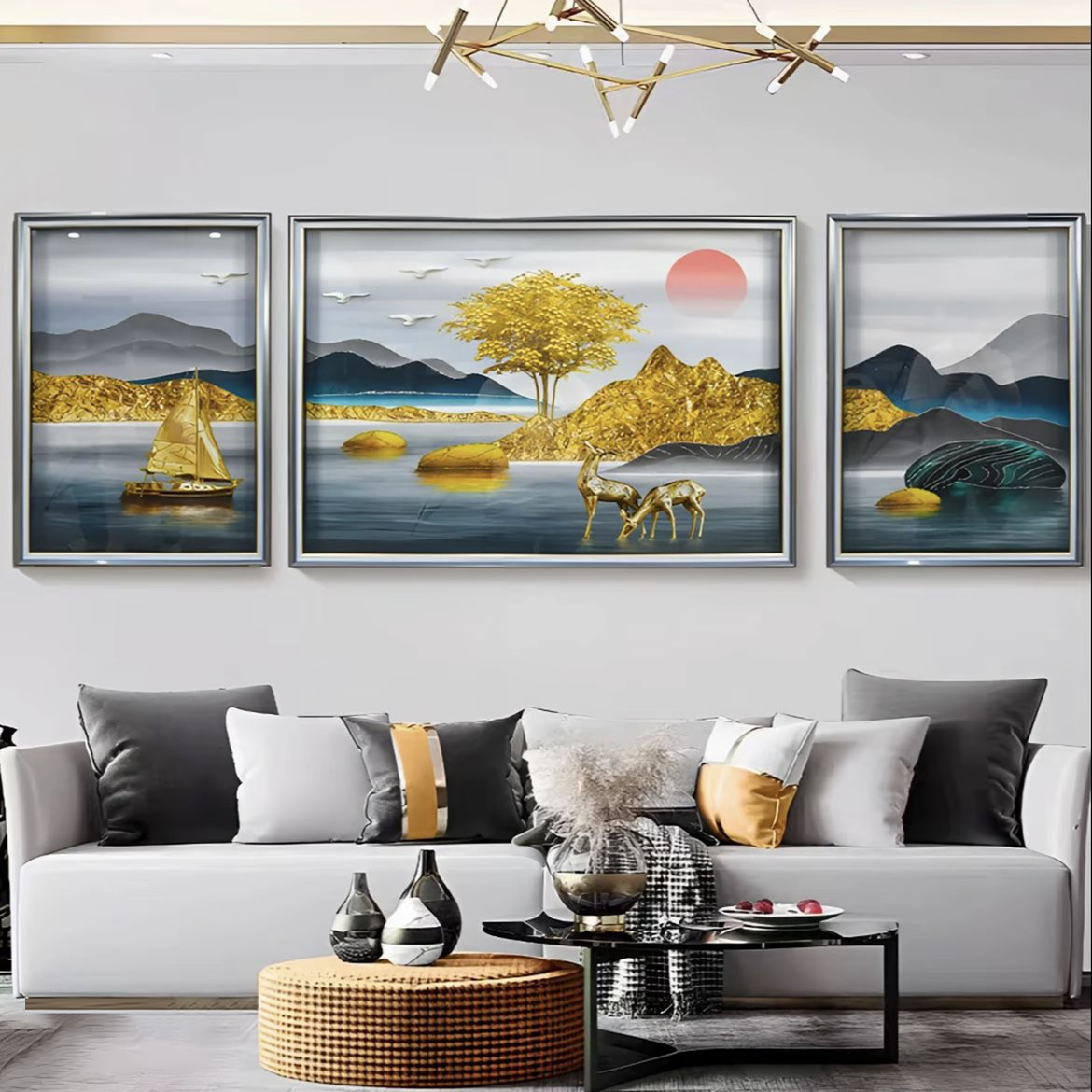 SF01旭日东升客厅装饰画山水挂画轻奢客厅装饰画沙发背景墙壁画