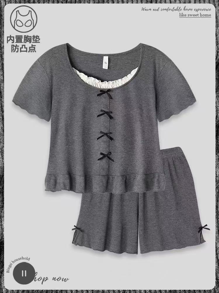 夏季灰色荷花包边家居服睡衣套装