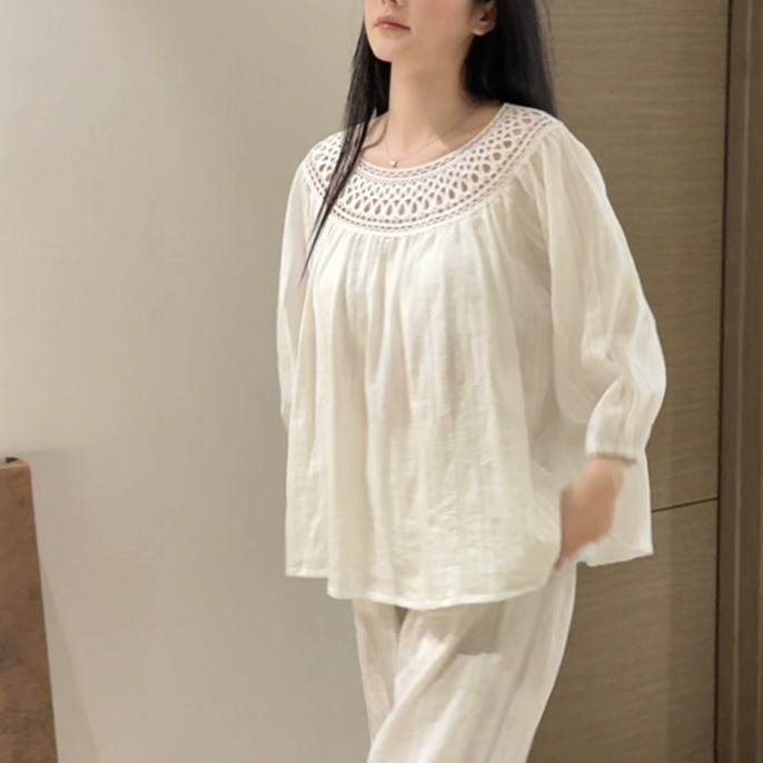 〈南法邂逅〉法式优雅圆领镂空纯棉家居服套装
