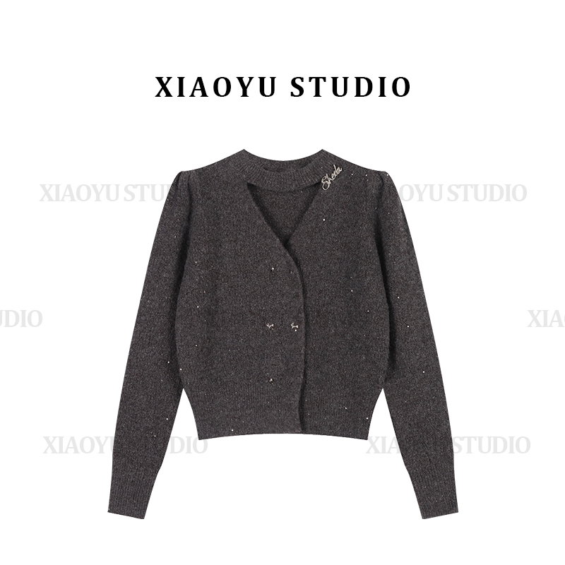 法式新款时尚设计感镂空V领双排扣针织毛衣软糯高级感上衣KI-1002