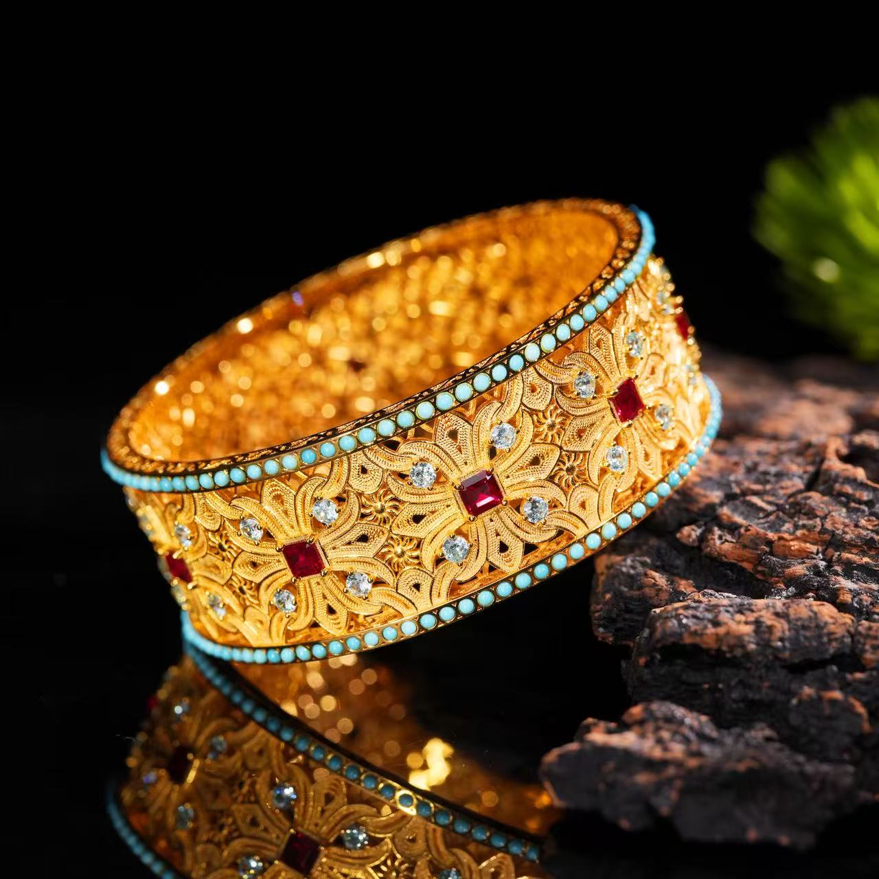 培育红宝石VISING珠宝宫廷风复古金色手镯手工银手镯s925银镀金