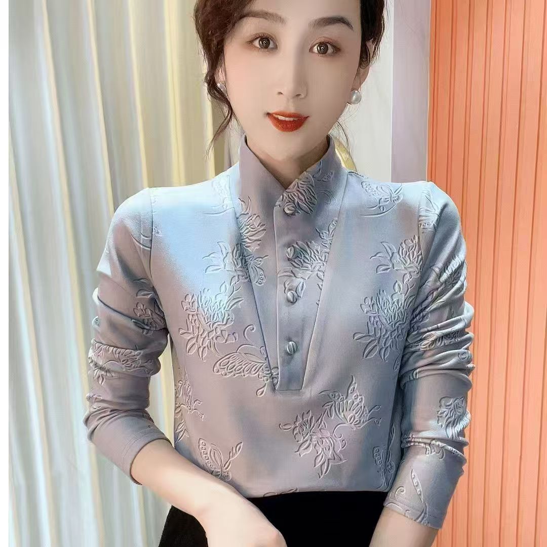 长袖宽松型套头印花国风盘扣女士高领【48h现货速发】印花保暖加绒