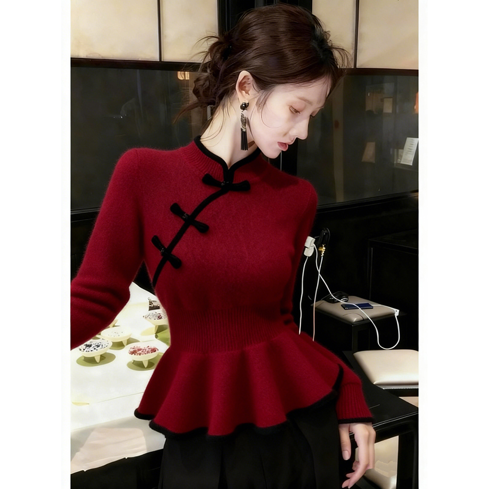 新中式红色毛衣女秋冬可外穿内搭高端时髦洋气巨好看掐腰针织上衣