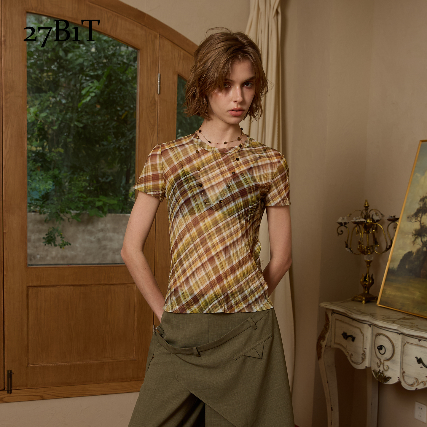 27B1T 黄咖色复古弹力网纱印花上衣压褶显瘦25夏季新款BDWWR2N210