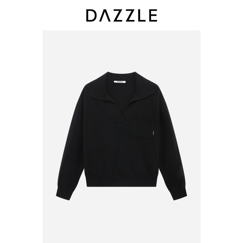 DAZZLE 地素奥莱毛衣冬季黑色针织羊绒翻领套衫2E4E406