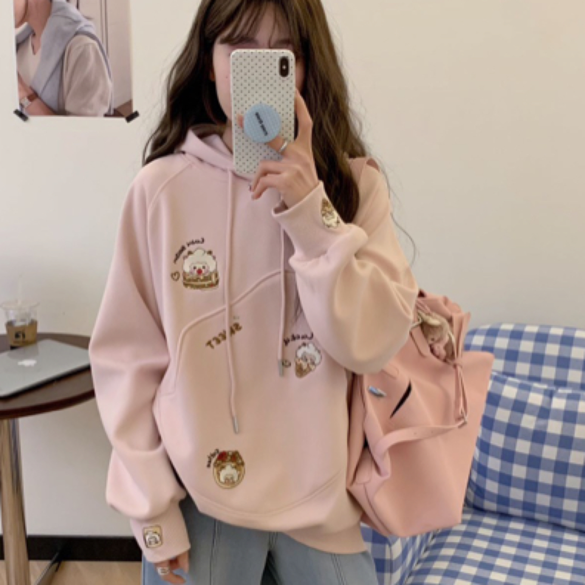 25春季新款蛋壳口袋懒洋洋异形大口袋连帽套头卫衣韩版宽松