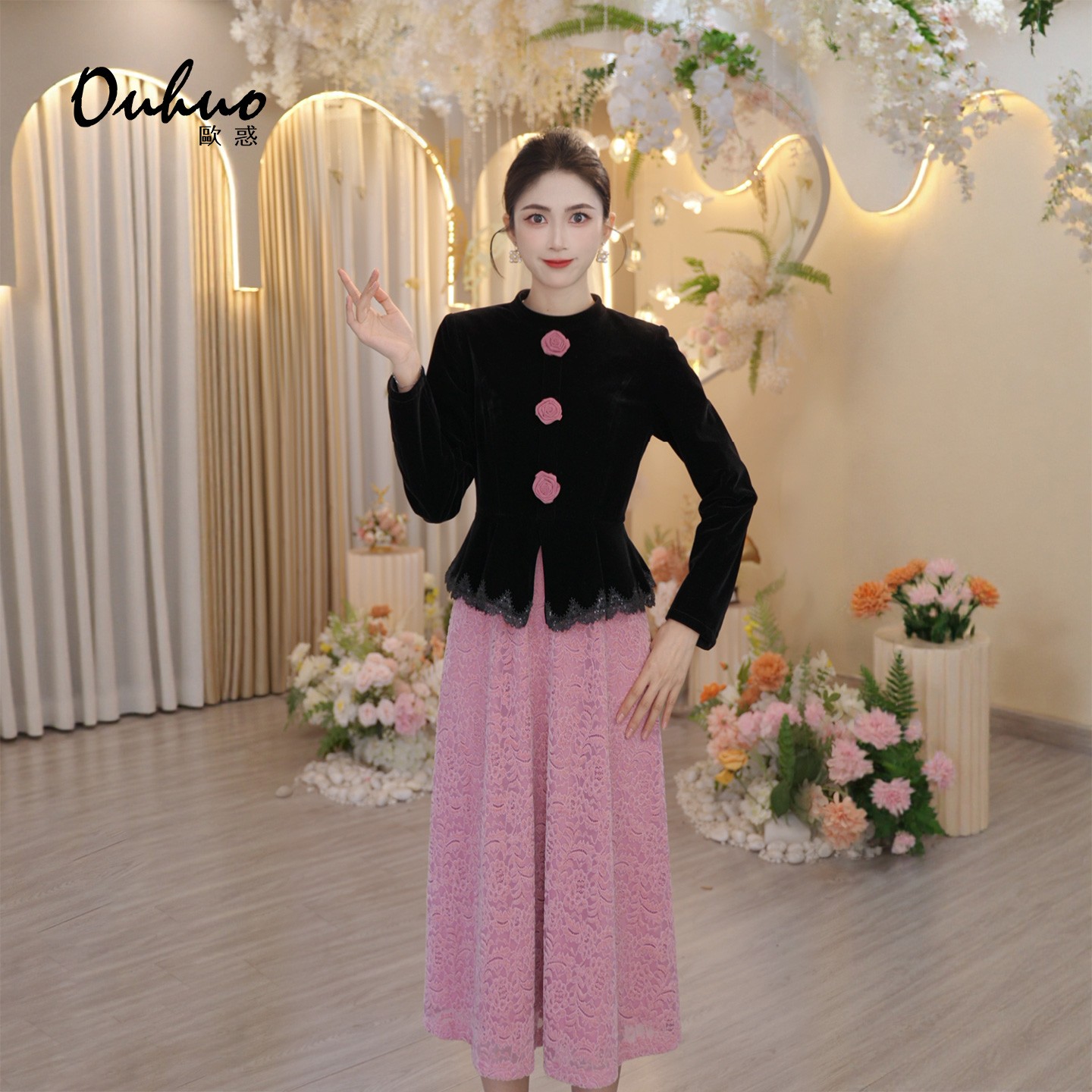 现货【米米定制】2025年秋冬新款复古优雅蕾丝国风连衣裙OHDRI12013