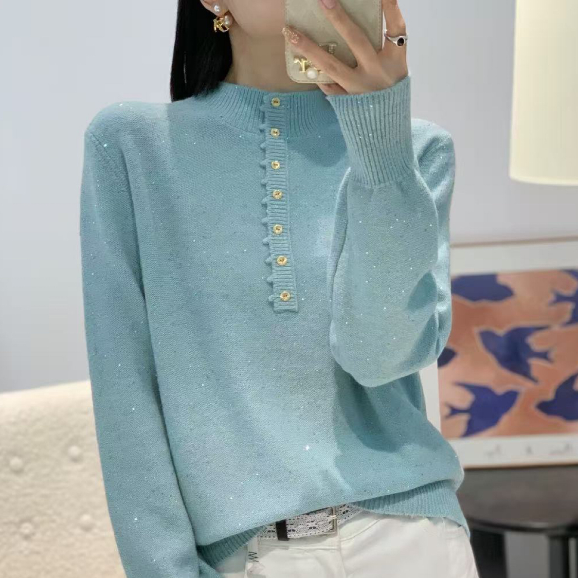 带扣蜜熊绒细闪时尚毛衣百搭气质