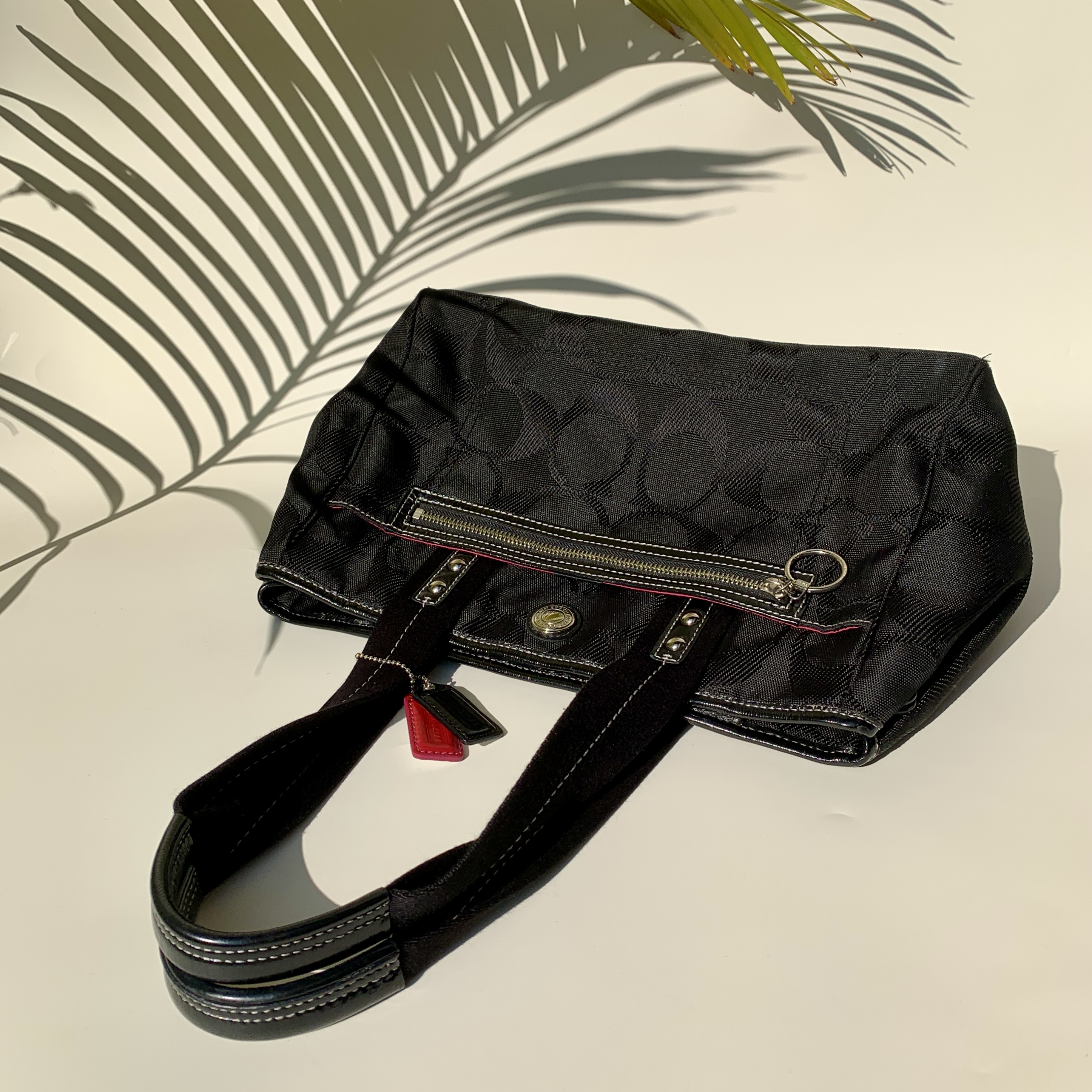 95新 COACH/蔻驰 经典时尚百搭老花开口笑黑色手提单肩托特包