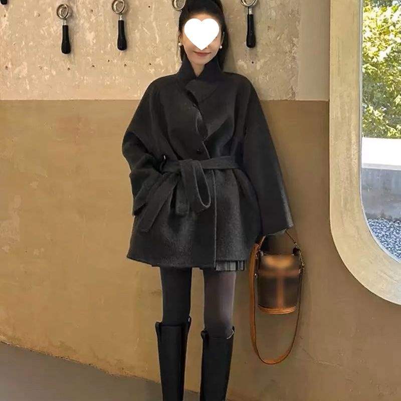 时尚气质毛呢大衣女短款小个子2025秋冬季新款感立领毛呢外套呢子