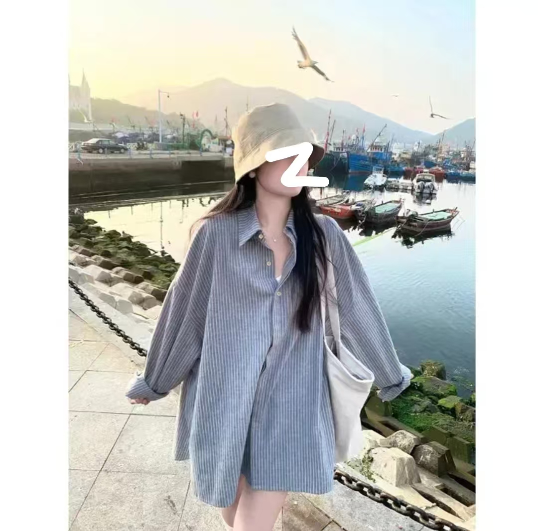 POLO领条纹慵懒风长袖秋季衬衫上衣夏季外套宽松百搭9048