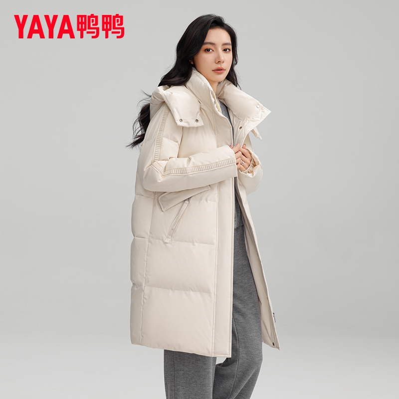 鸭鸭90绒2025新款女装中长款时尚鸭绒连帽冬装防寒保暖加厚外套