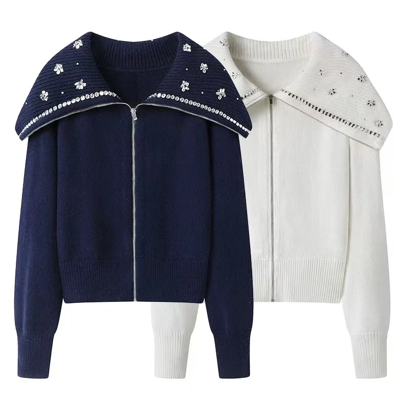 【翻领水钻】2025春款法式休闲宽松海军领针织开衫毛衣女.Y7958