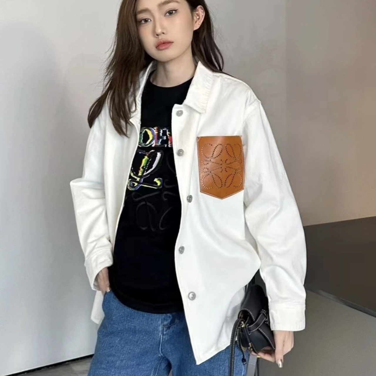 未使用 LOEWE/罗意威 汤/P245621679/logo 皮口袋 牛仔外套 34