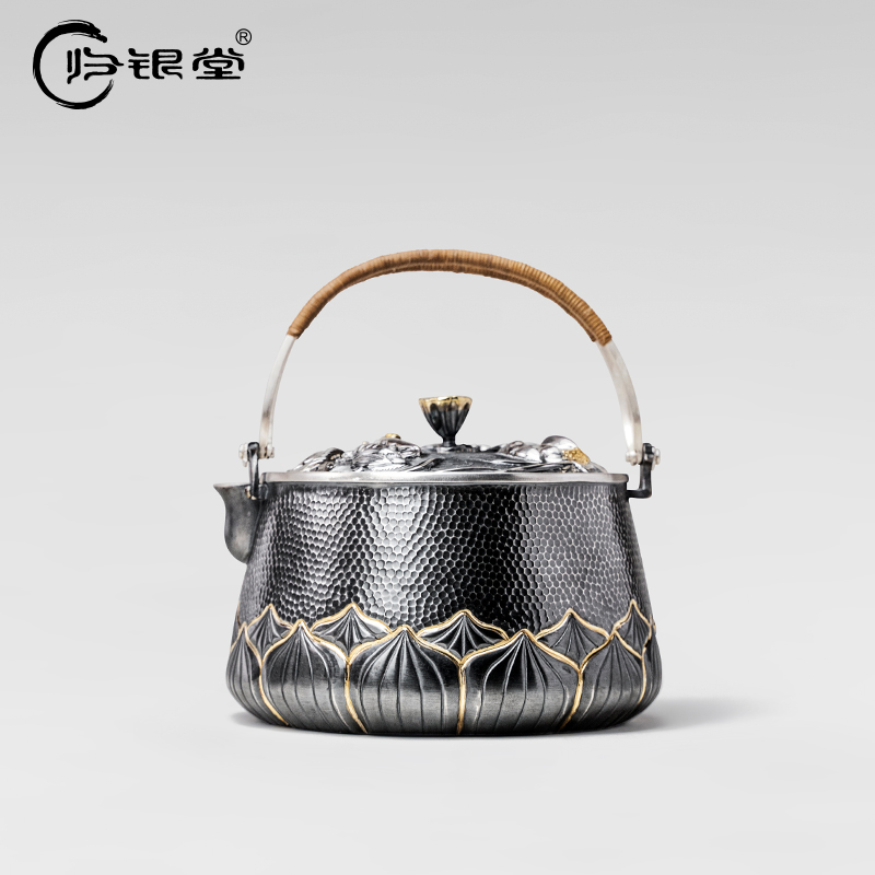 归银堂足银999荷塘美景煮水壶烧水壶手工茶壶茶具GS-HCH210404