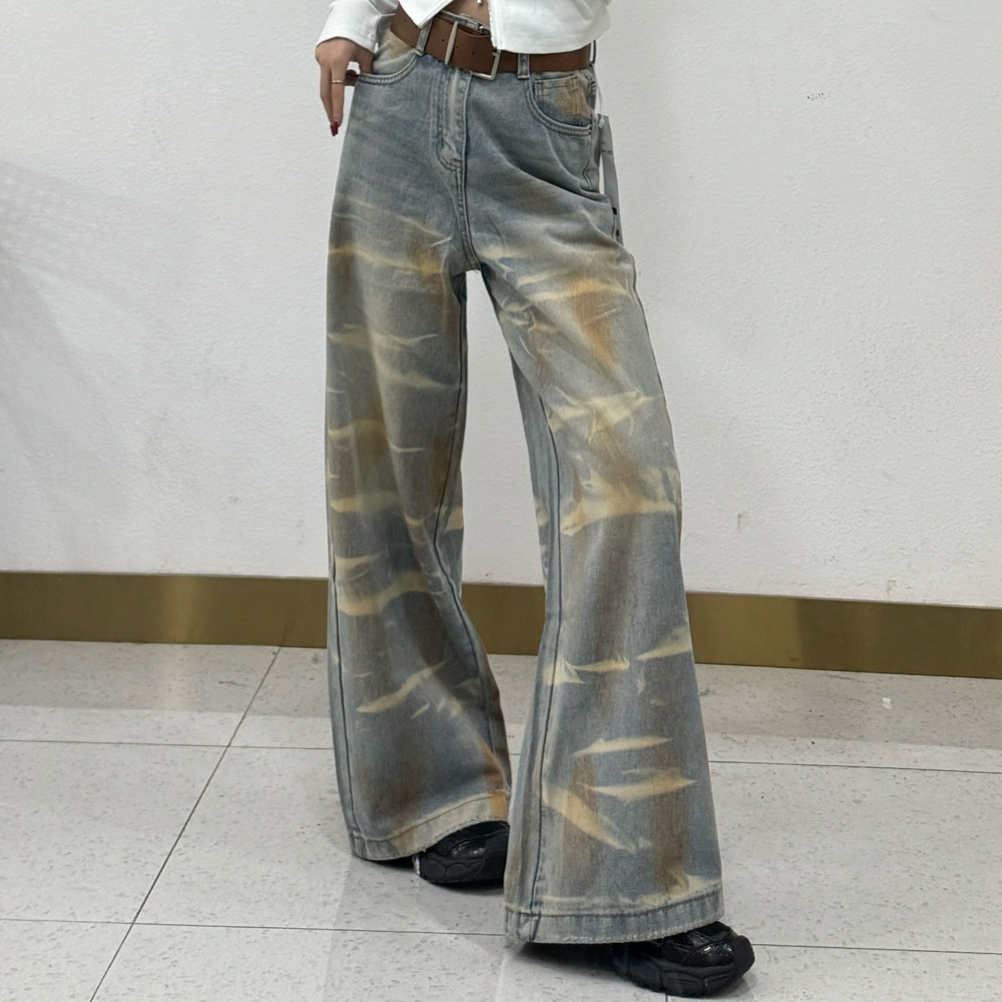 辰辰子女装春装新款个性洋气时尚百搭 晕染阔腿牛仔裤