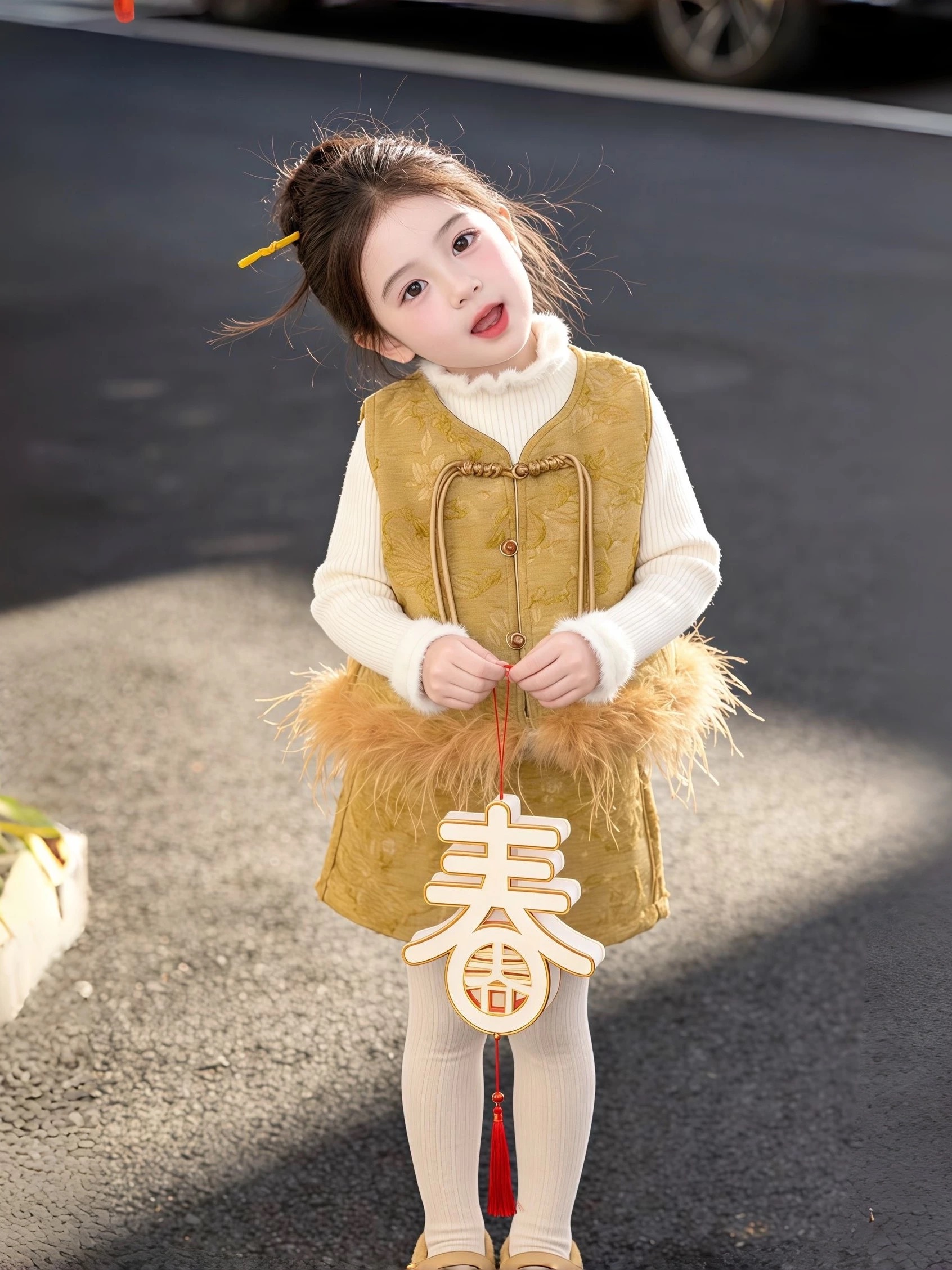 2025女童新款冬款年货新中式国风黄色旗袍套装马甲裙子洋气