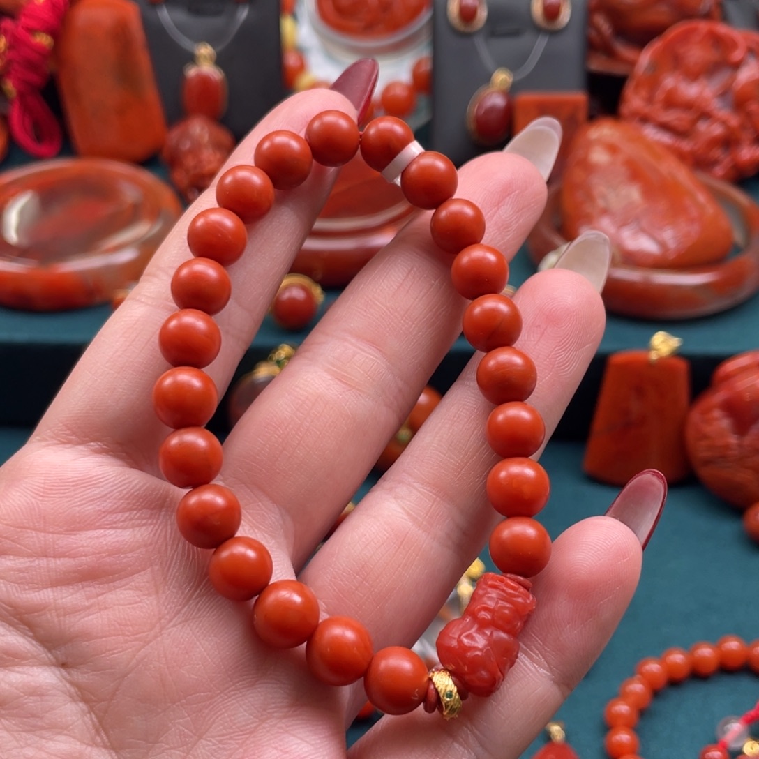 南红玛瑙银S925镶嵌保山南红哑光dly单圈手串8mm