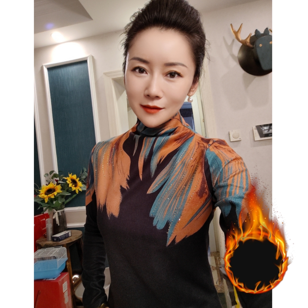 【自由鸟专属】加厚慕斯绒2025秋冬新款半高领长袖T恤烫钻印花上衣